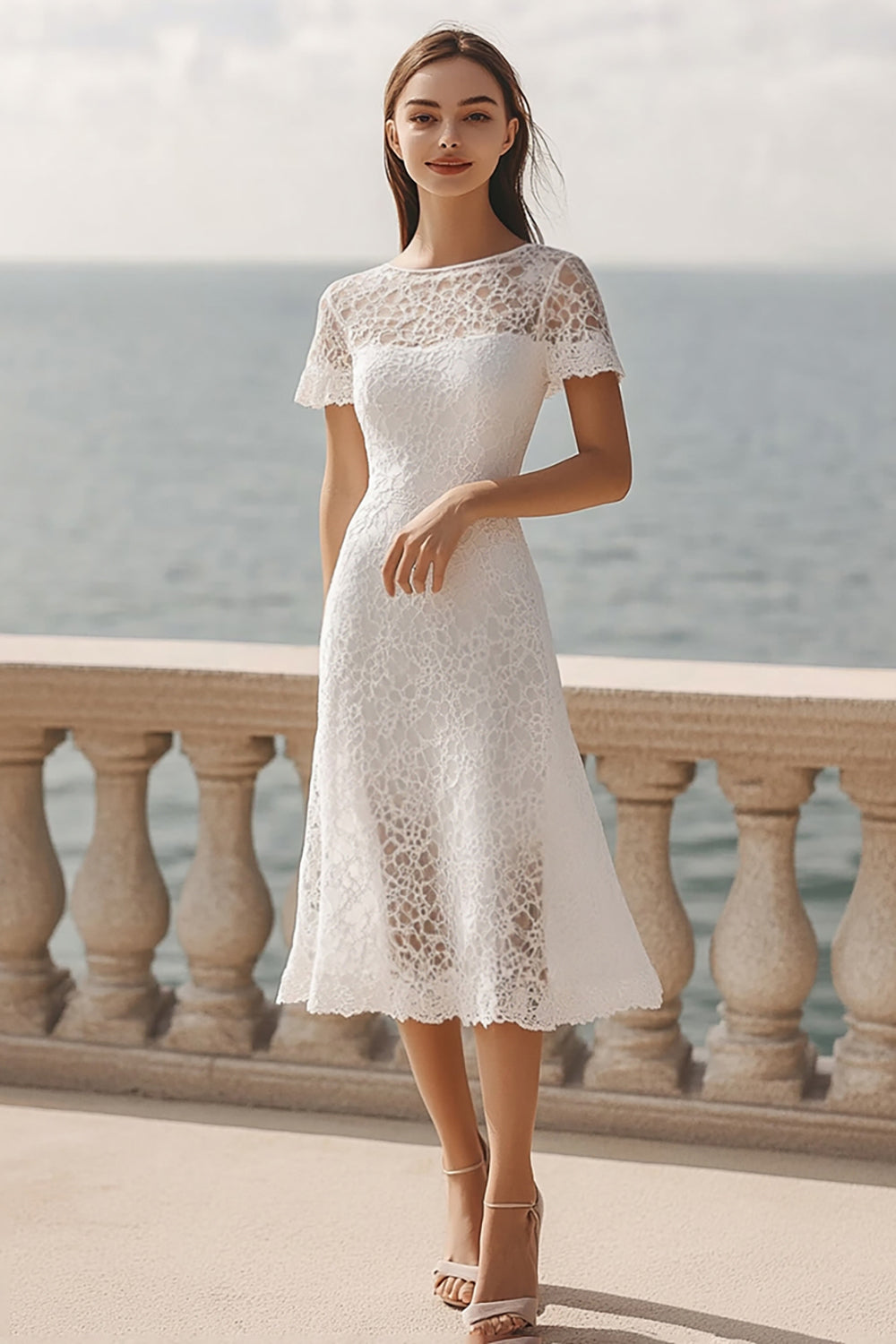 Ivory Lace A Line Scoop Midi Engagement Dress with Short Sleeves