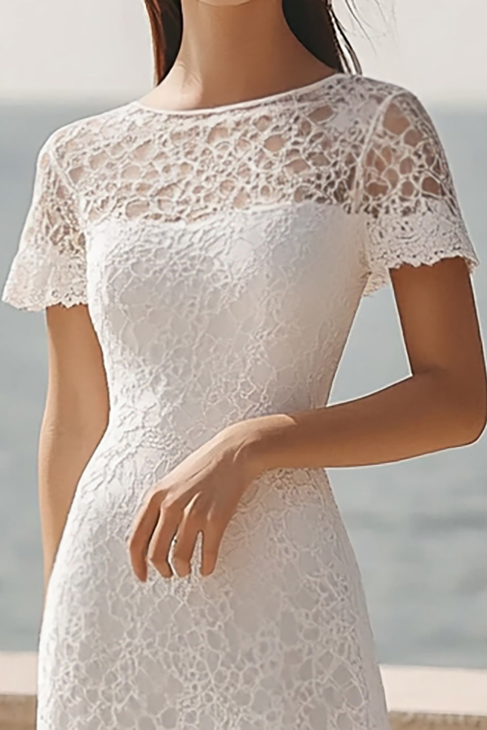 Ivory Lace A Line Scoop Midi Engagement Dress with Short Sleeves