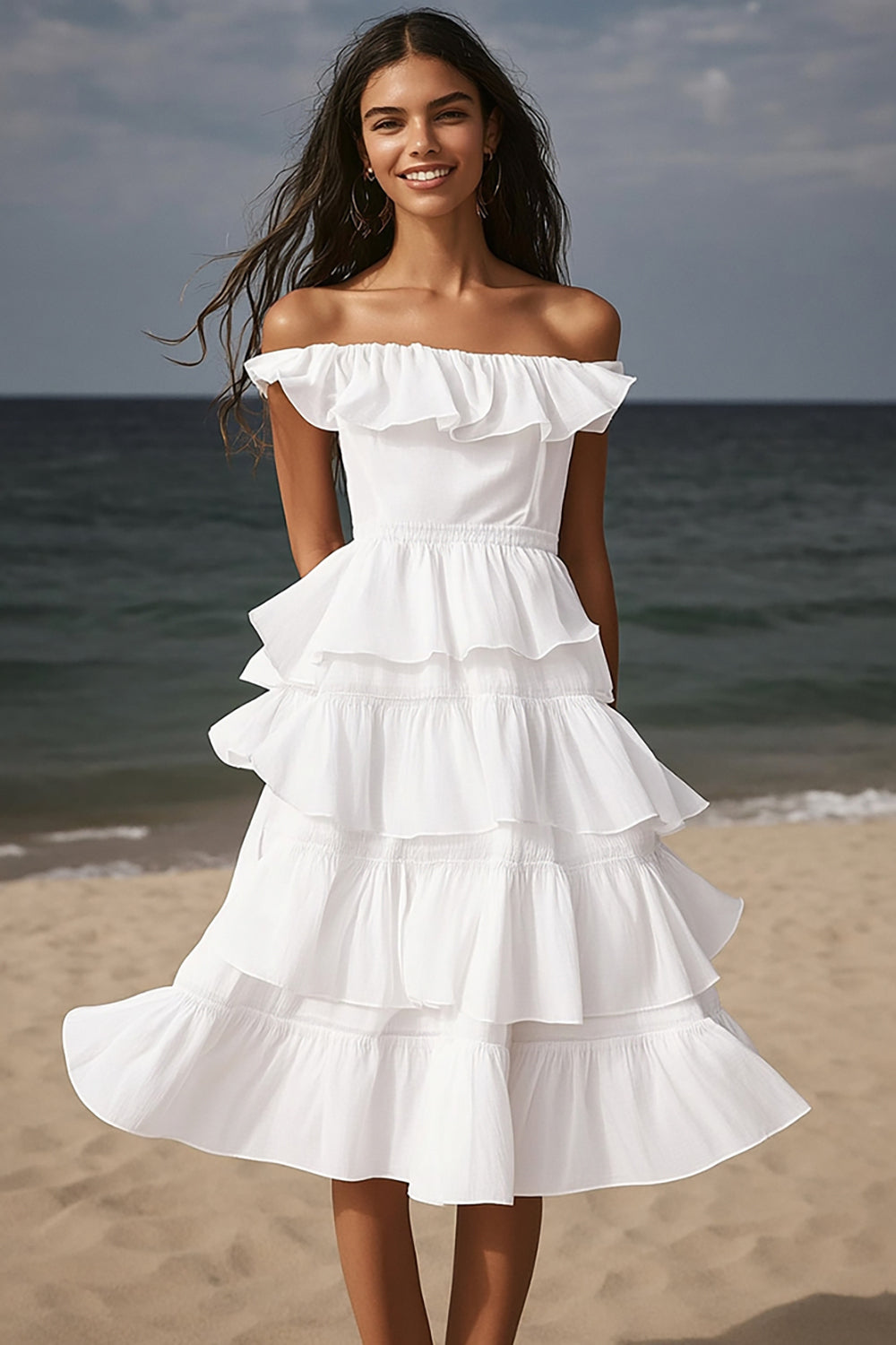 Ivory Off the Shoulder Midi Engagement Dress with Ruffled