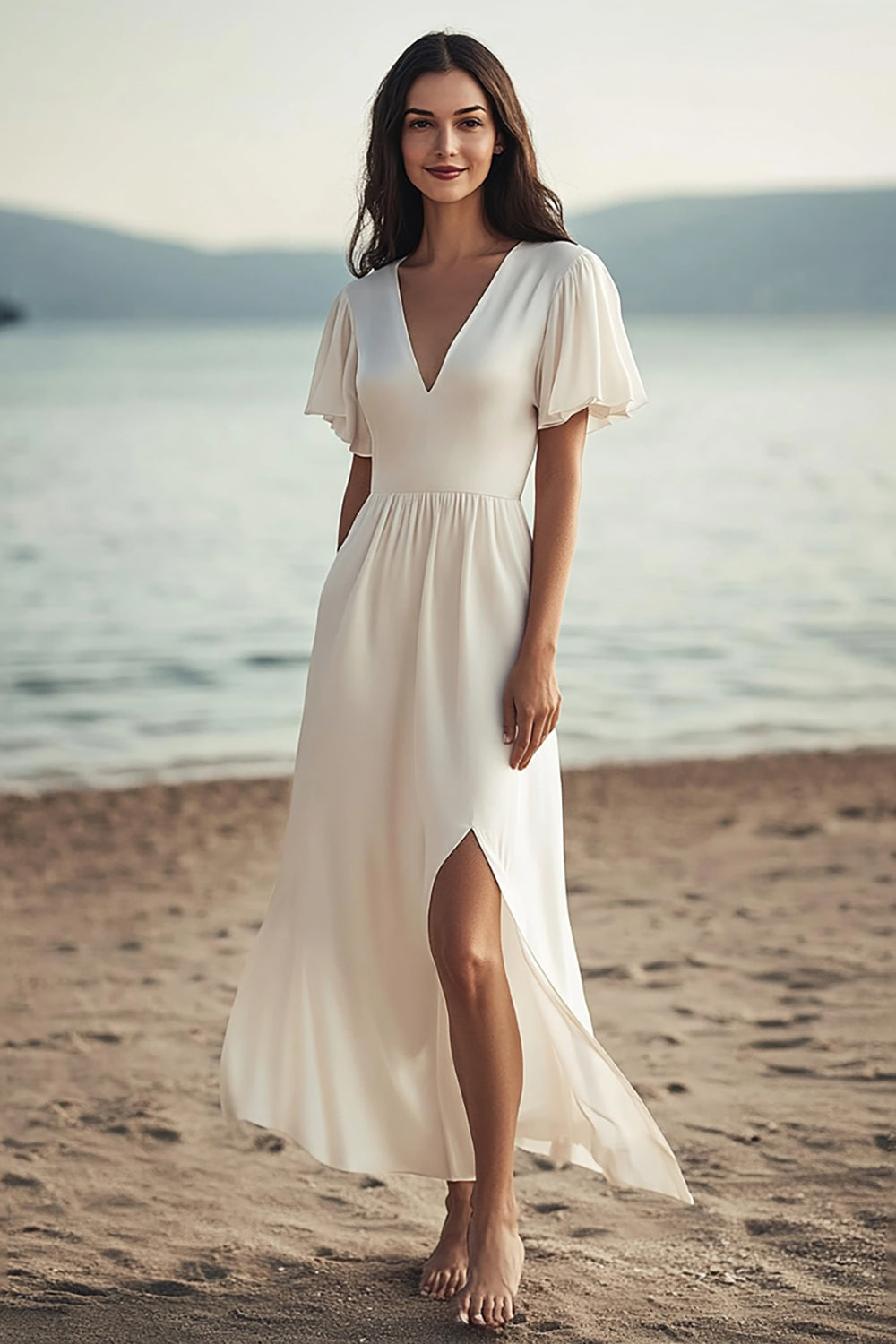 Ivory V-Neck Chiffon Long Engagement Dress with Slit