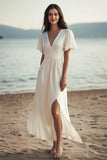 Ivory V-Neck Chiffon Long Engagement Dress with Slit