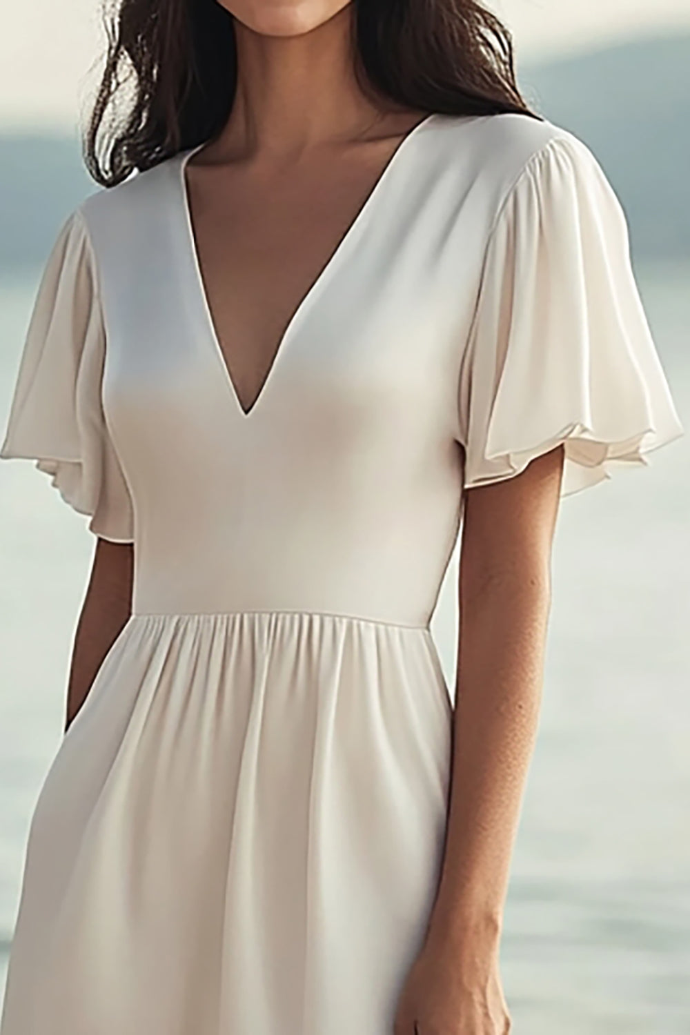 Ivory V-Neck Chiffon Long Engagement Dress with Slit