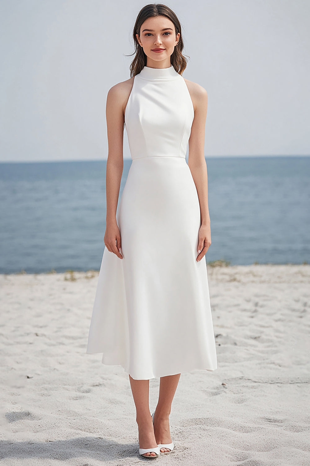 Simple Ivory High Neck Satin Midi Engagement Dress
