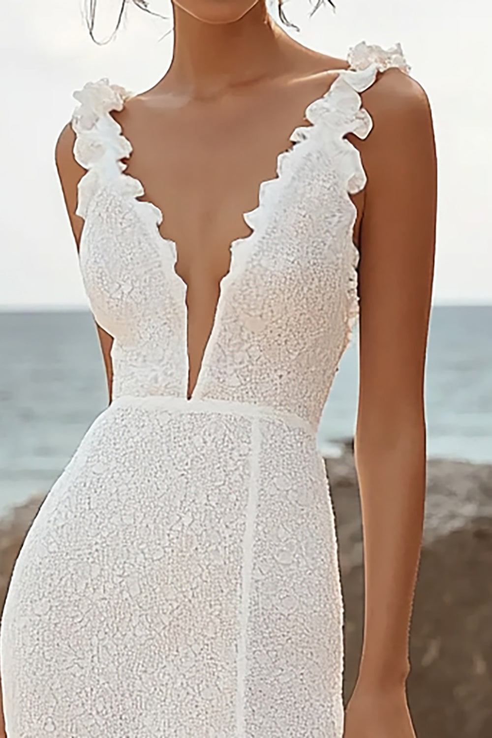Ivory Mermaid Deep V-Neck High-Low Engagement Dress