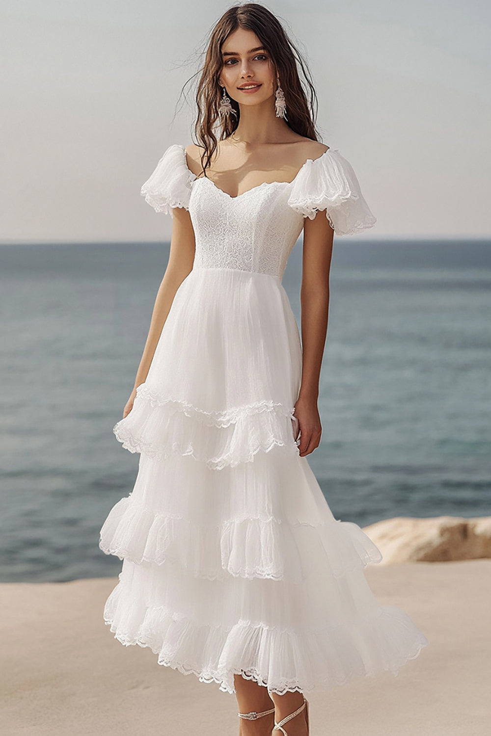 Ivory Ruffled A Line Long Engagement Dress with Short Sleeves