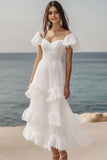 Ivory Ruffled A Line Long Engagement Dress with Short Sleeves
