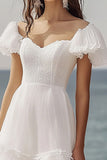 Ivory Ruffled A Line Long Engagement Dress with Short Sleeves