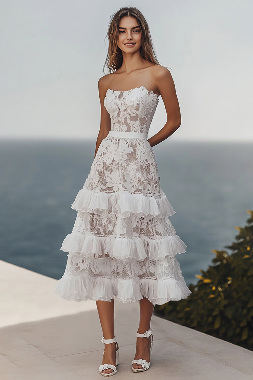 Ivory A Line Lace Midi Engagement Dress with Ruffles