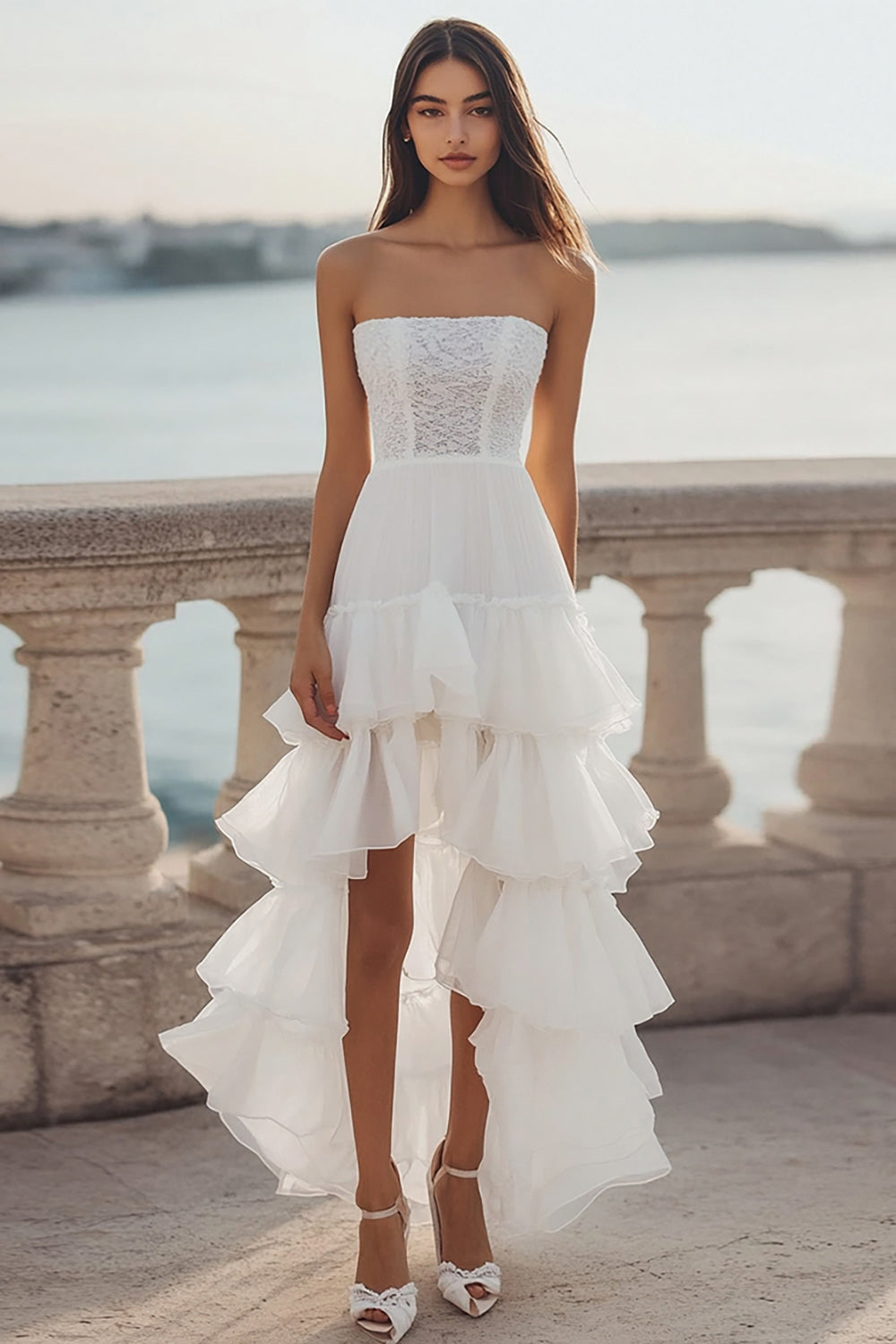 Ivory Strapless A Line High-Low Engagement Dress with Ruffles