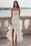 Ivory Strapless A Line High-Low Engagement Dress with Ruffles