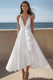 Ivory Deep V-Neck Satin Long Engagement Dress with Ruffles