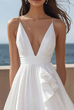 Ivory Deep V-Neck Satin Long Engagement Dress with Ruffles