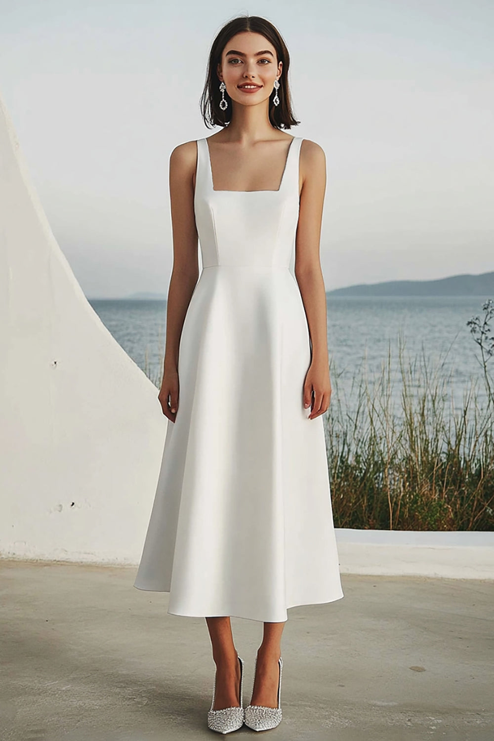 Ivory A Line Satin Square Neck Midi Engagement Dress