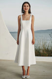 Ivory A Line Satin Square Neck Midi Engagement Dress