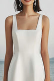 Ivory A Line Satin Square Neck Midi Engagement Dress