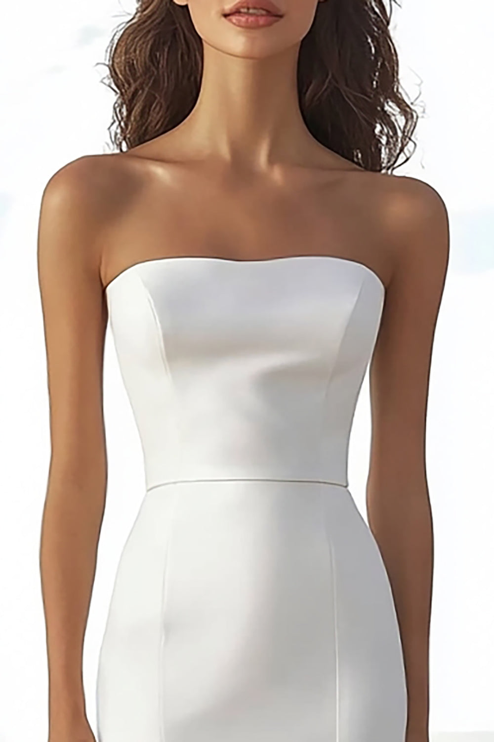 Ivory Strapless Stain High-Low Engagement Dress with Ruffles