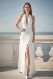 Ivory Satin Halter Sheath Long Engagement Dress with Slit