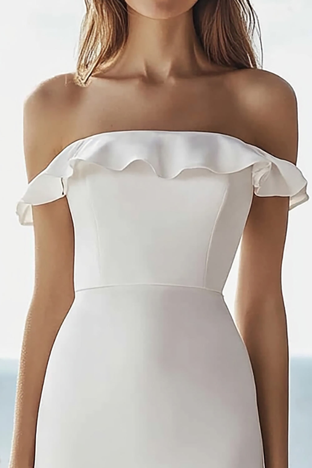 Ivory Off the Shoulder Simple Midi Engagement Dress with Ruffles