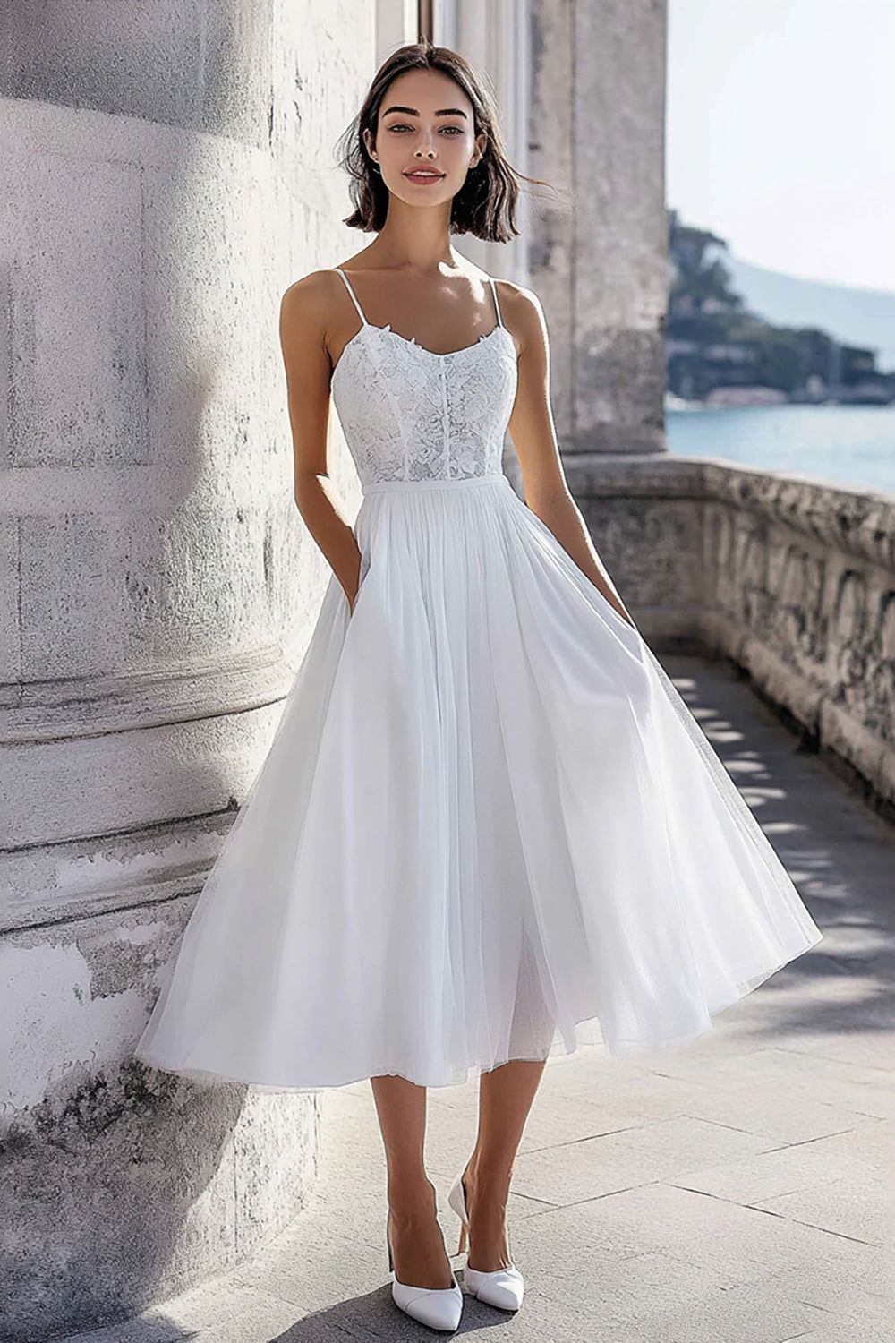 Ivory Tulle Corset Maxi Engagement Dress with Pockets