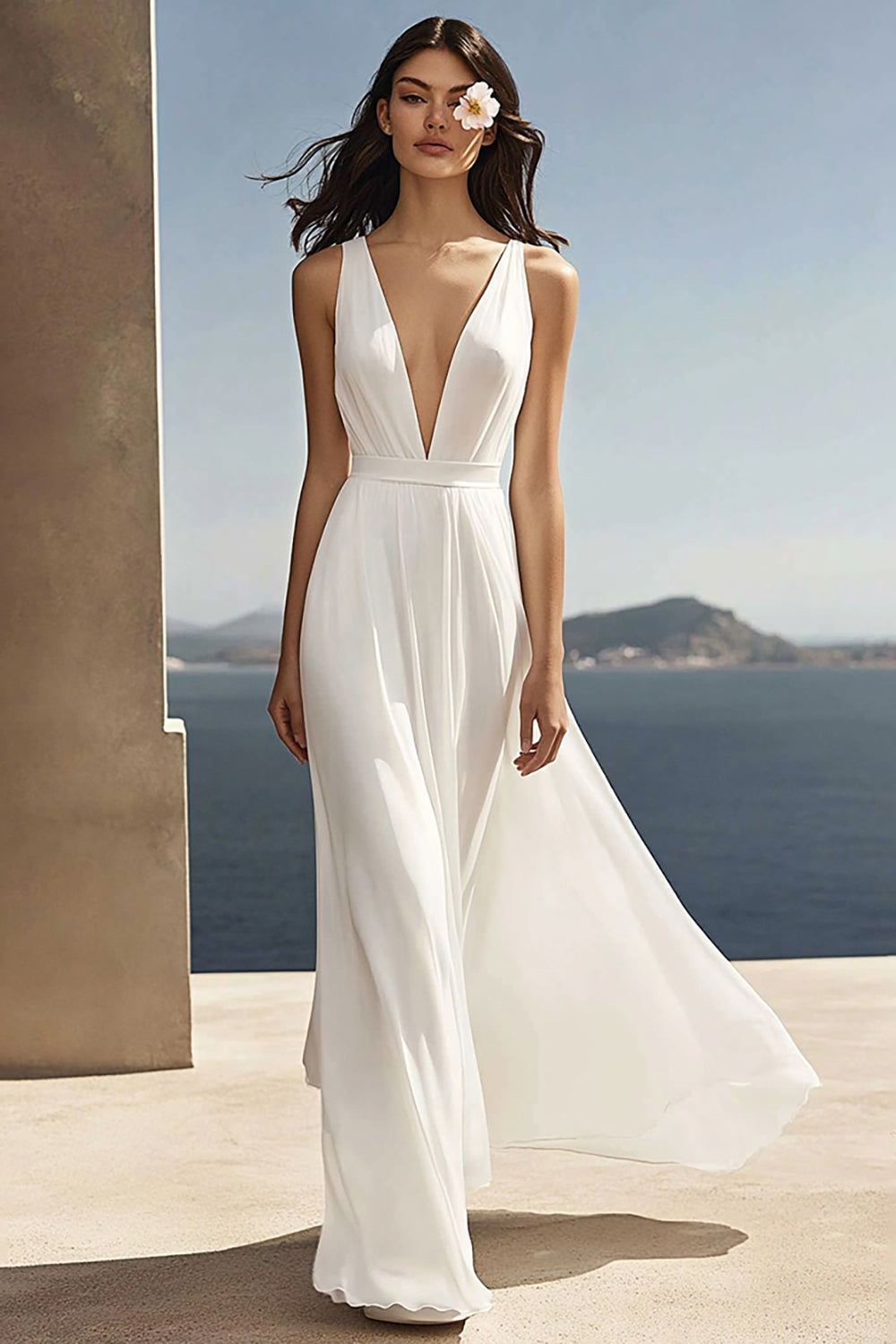 Ivory Chiffon Sheath Deep V-Neck Beach Maxi Engagement Dress