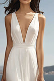 Ivory Chiffon Sheath Deep V-Neck Beach Maxi Engagement Dress