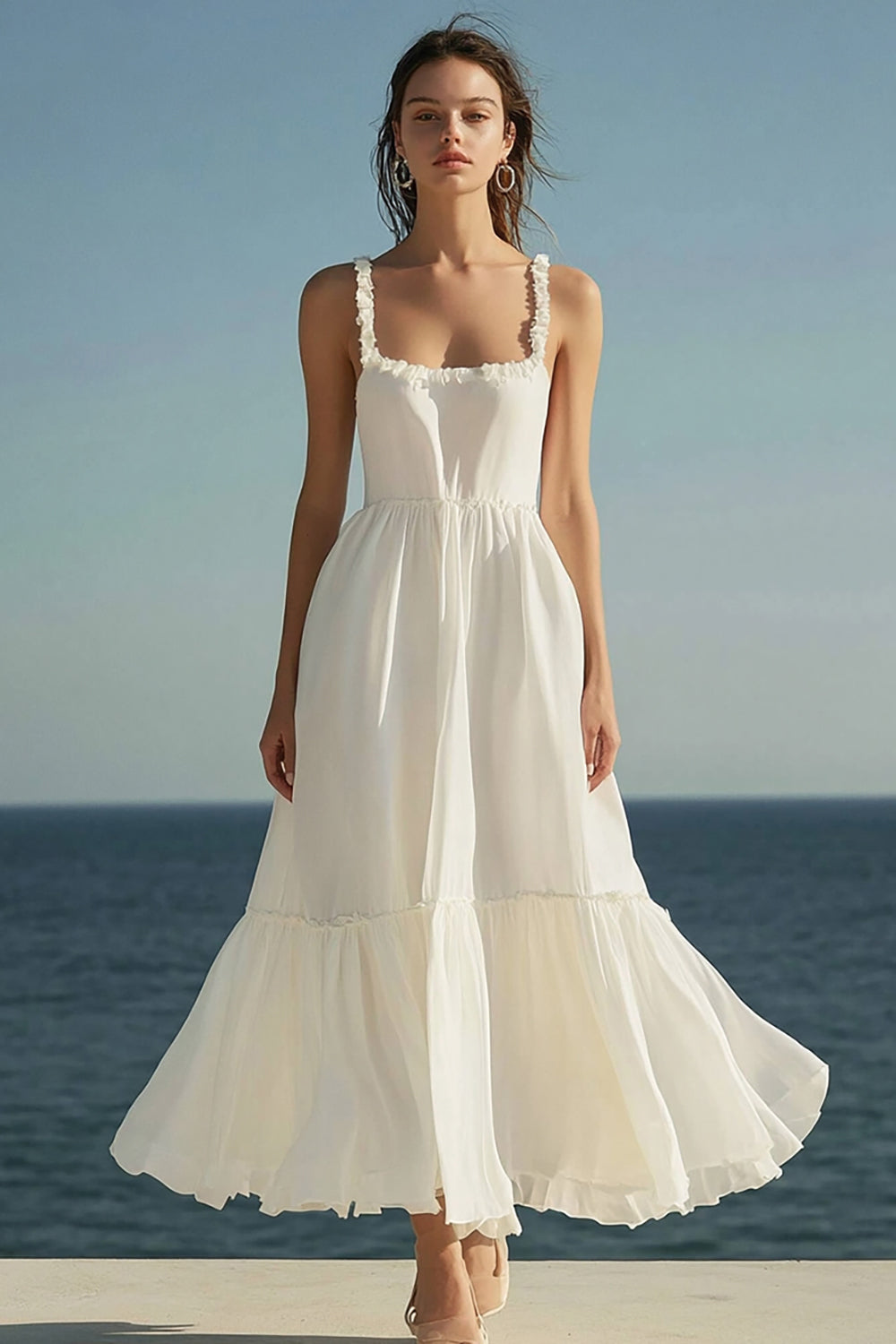 Ivory Square Neck A Line Maxi Wedding Reception Dress with Ruffles