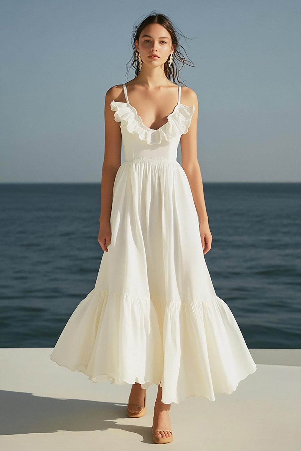 Ivory Scoop Neck A Line Maxi Wedding Reception Dress with Ruffles