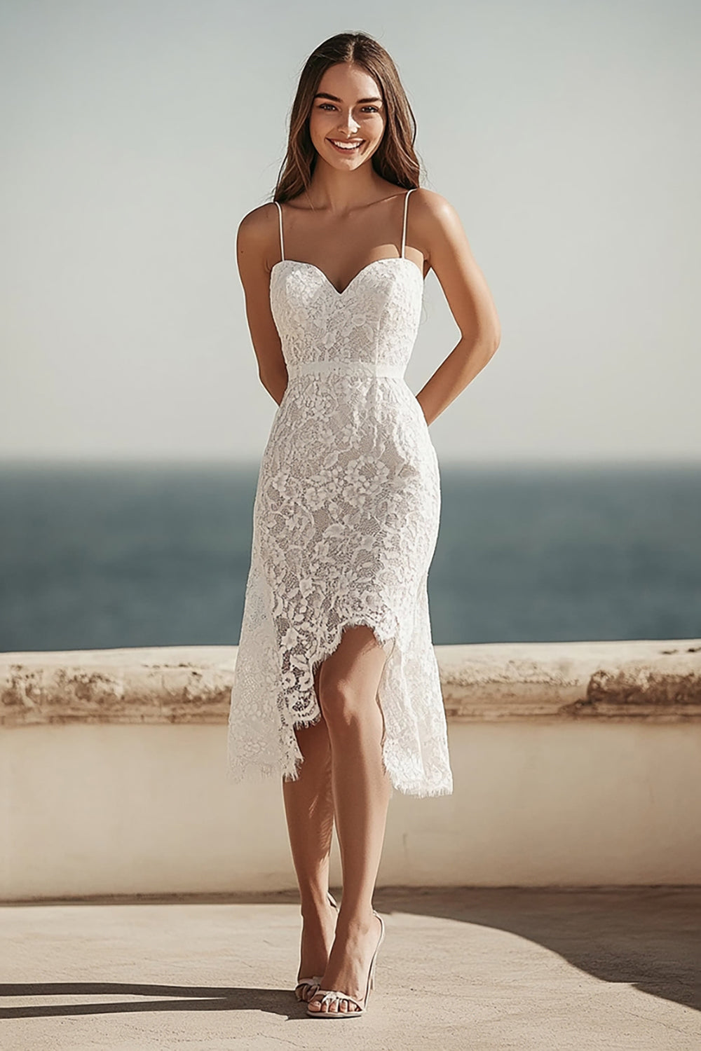 Ivory Lace Spgahetti Straps Midi Bodycon Rehearsal Dinner Dress with Slit