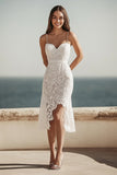 Ivory Lace Spgahetti Straps Midi Bodycon Rehearsal Dinner Dress with Slit