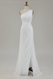Ivory One Shoulder Long Sheath Beach Engagement Dress with Slit
