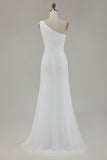 Ivory One Shoulder Long Sheath Beach Engagement Dress with Slit