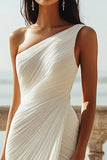 Ivory One Shoulder Maxi Sheath Chiffon Beach Engagement Dress with Slit