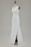 Ivory One Shoulder Long Sheath Beach Engagement Dress with Slit