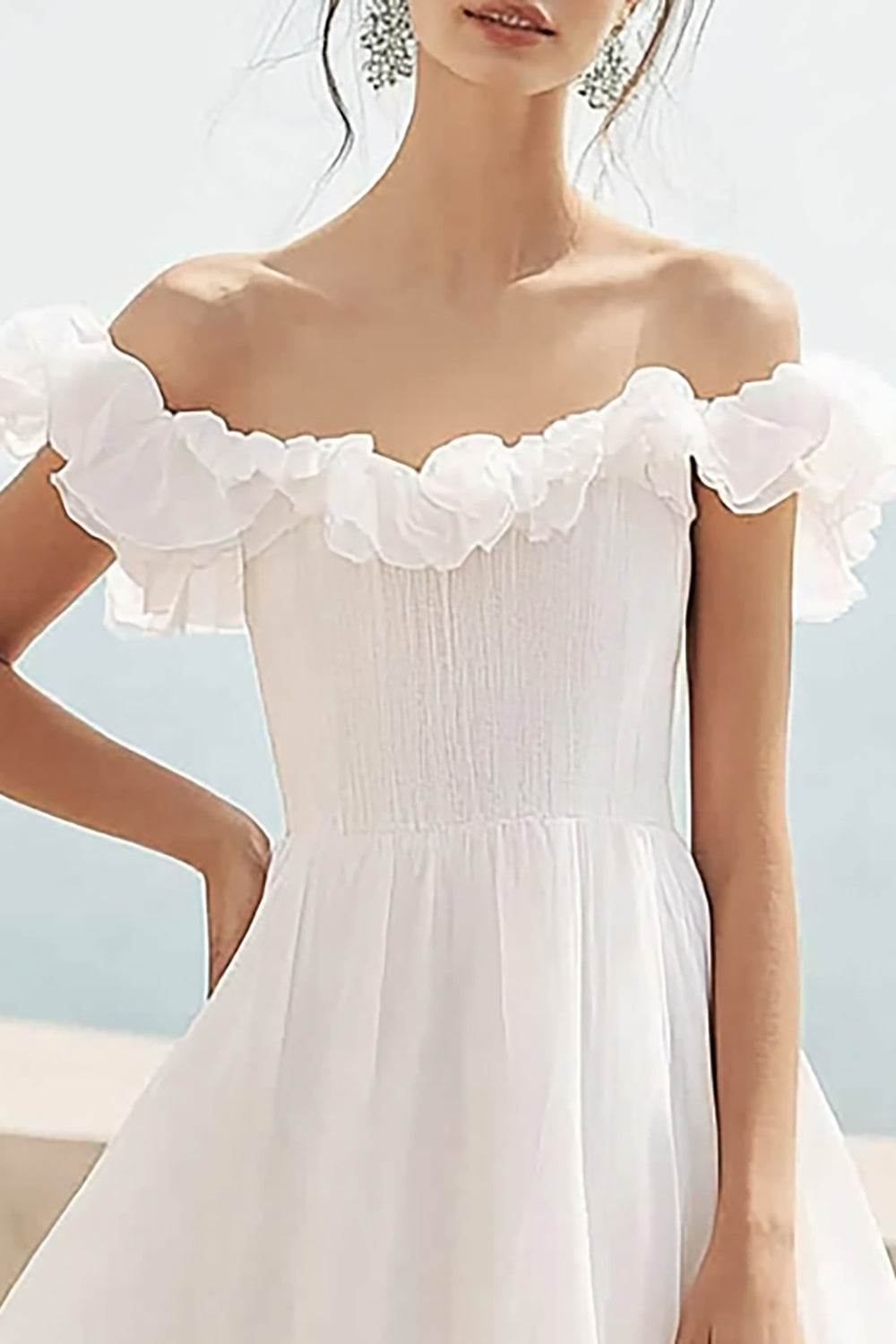 Ivory Ruffled A Line Chiffon Maxi Engagement Dress