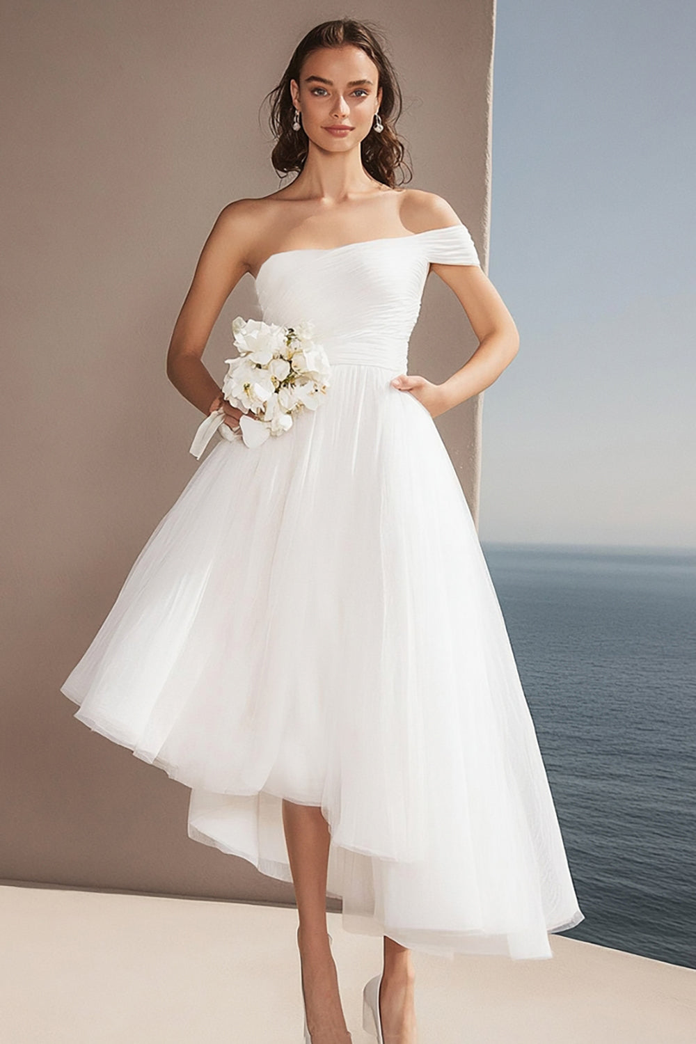 Ivory One Shoulder Organza A Line Asymmetrical Rehearsal Dinner Dress