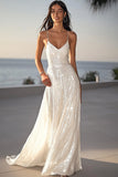 Sparkly Ivory Sequin Spaghetti Straps Maxi Rehearsal Dinner Dress