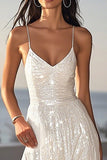 Sparkly Ivory Sequin Spaghetti Straps Maxi Rehearsal Dinner Dress