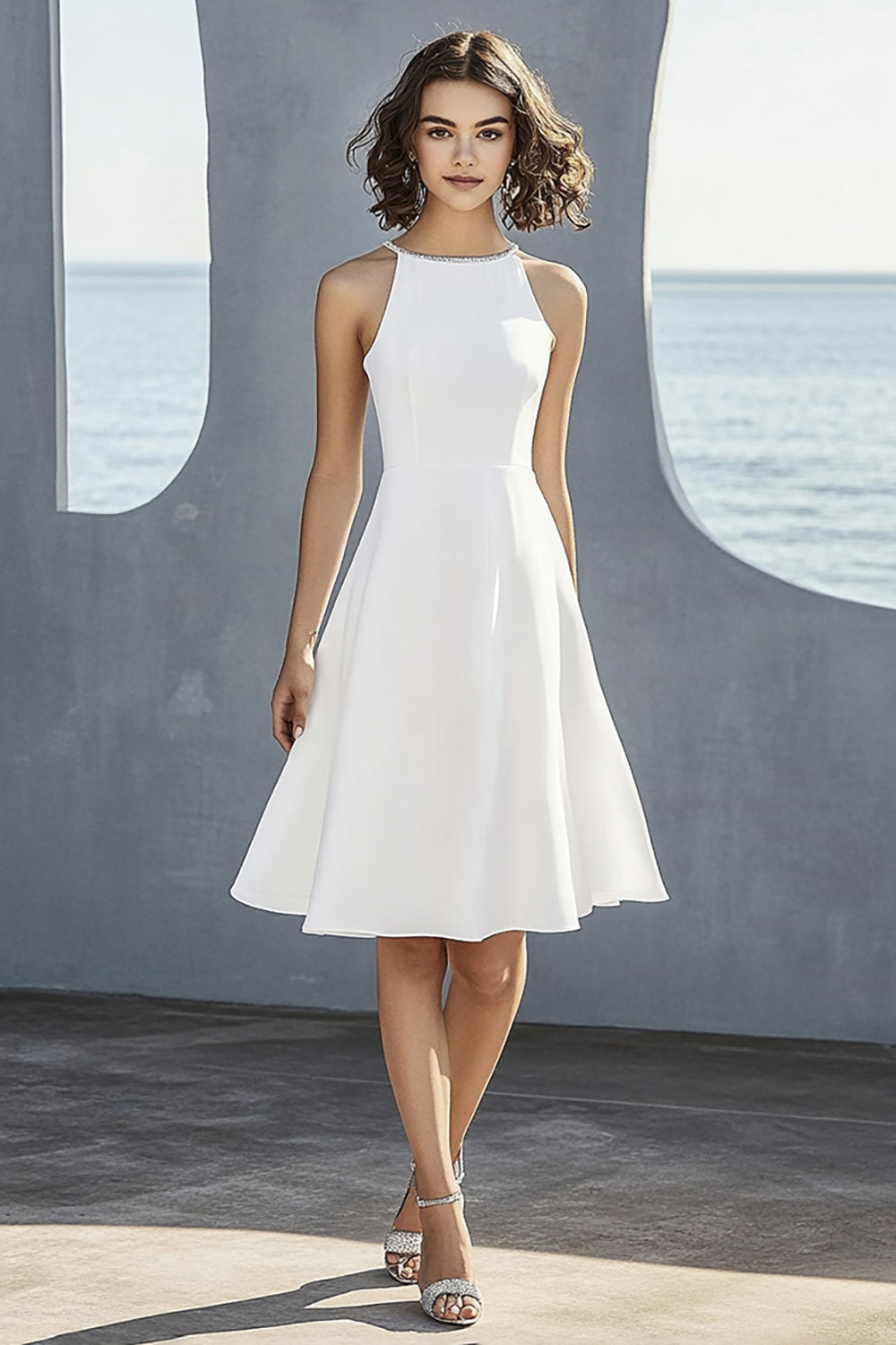 Simple Ivory Satin Halter Short Bridal Shower Dress