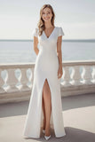 Ivory Short Sleeves Satin Maxi Rehearsal Dinner Dress with Slit