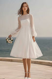 Ivory Organza Midi A Line Bridal Shower Dress with Sleeves