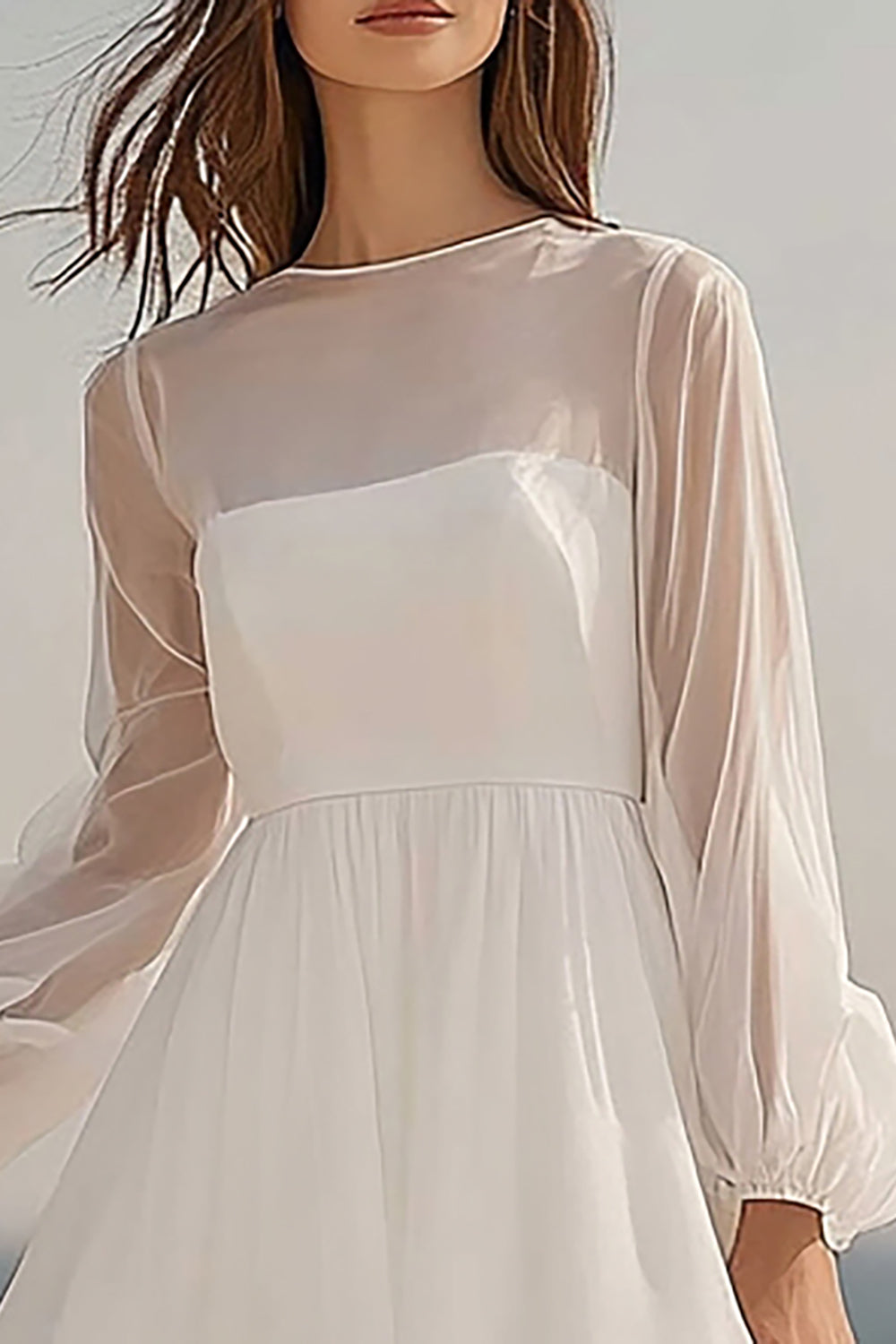 Ivory Organza Midi A Line Bridal Shower Dress with Sleeves