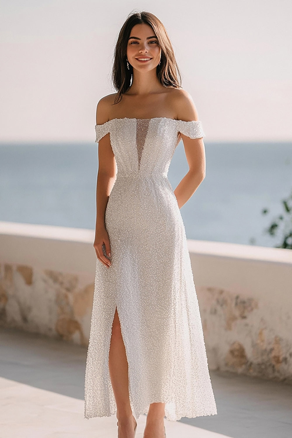 Sparkly Ivory Off the Shoulder Sequin Maxi Rehearsal Dinner Dress with Slit