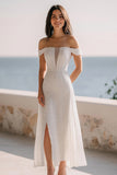 Sparkly Ivory Off the Shoulder Sequin Maxi Rehearsal Dinner Dress with Slit