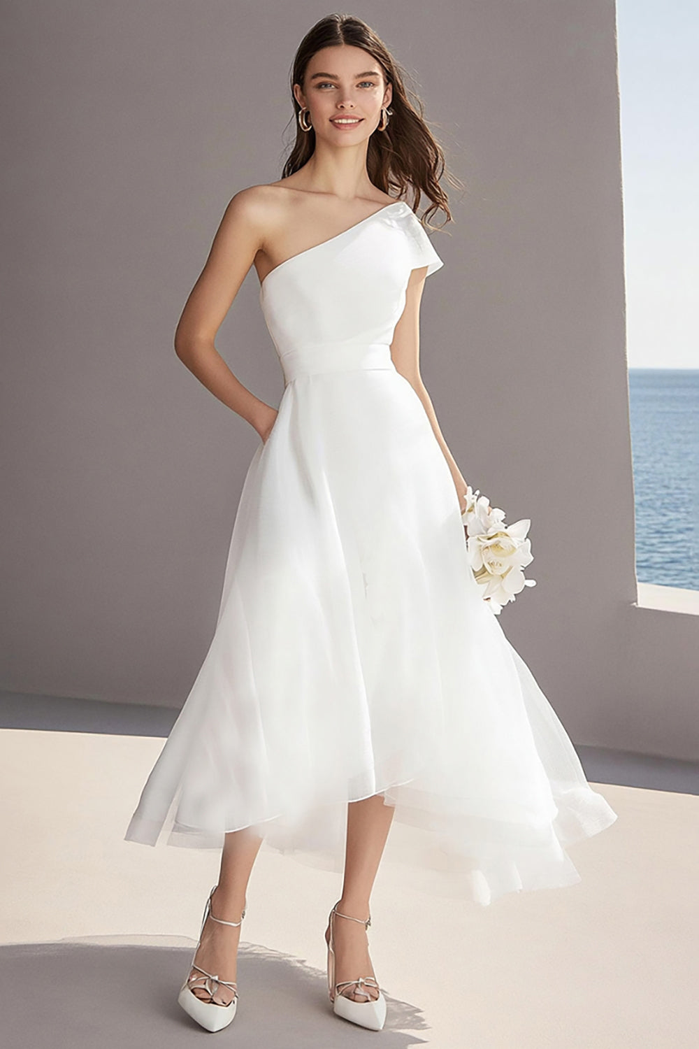 Organza Ivory One Shoulder A Line Maxi Engagement Dress