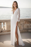 Ivory Satin Long Sleeves Maxi Sheath Engagement Dress with Appliques