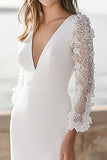 Ivory Satin Long Sleeves Maxi Sheath Engagement Dress with Appliques