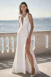 Satin Sheath Ivory Deep V-Neck Maxi Wedding Reception Dress with Slit