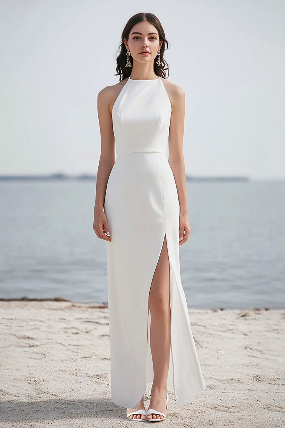 Halter Satin Ivory Sheath Rehearsal Dinner Dress with Slit