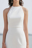 Halter Satin Ivory Sheath Rehearsal Dinner Dress with Slit