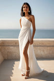 One Shoulder Ruched Ivory Maxi Sheath Beach Engagement Dress with Slit